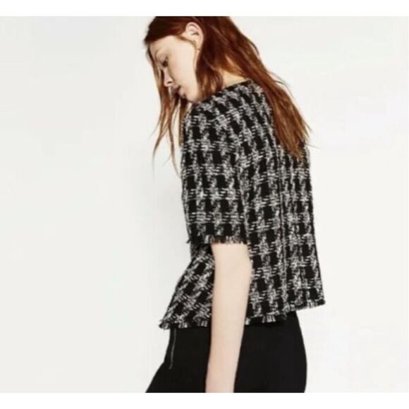Zara Black White Houndstooth Tweed 3/4 Sleeve Blouse Top Medium - Picture 5 of 9